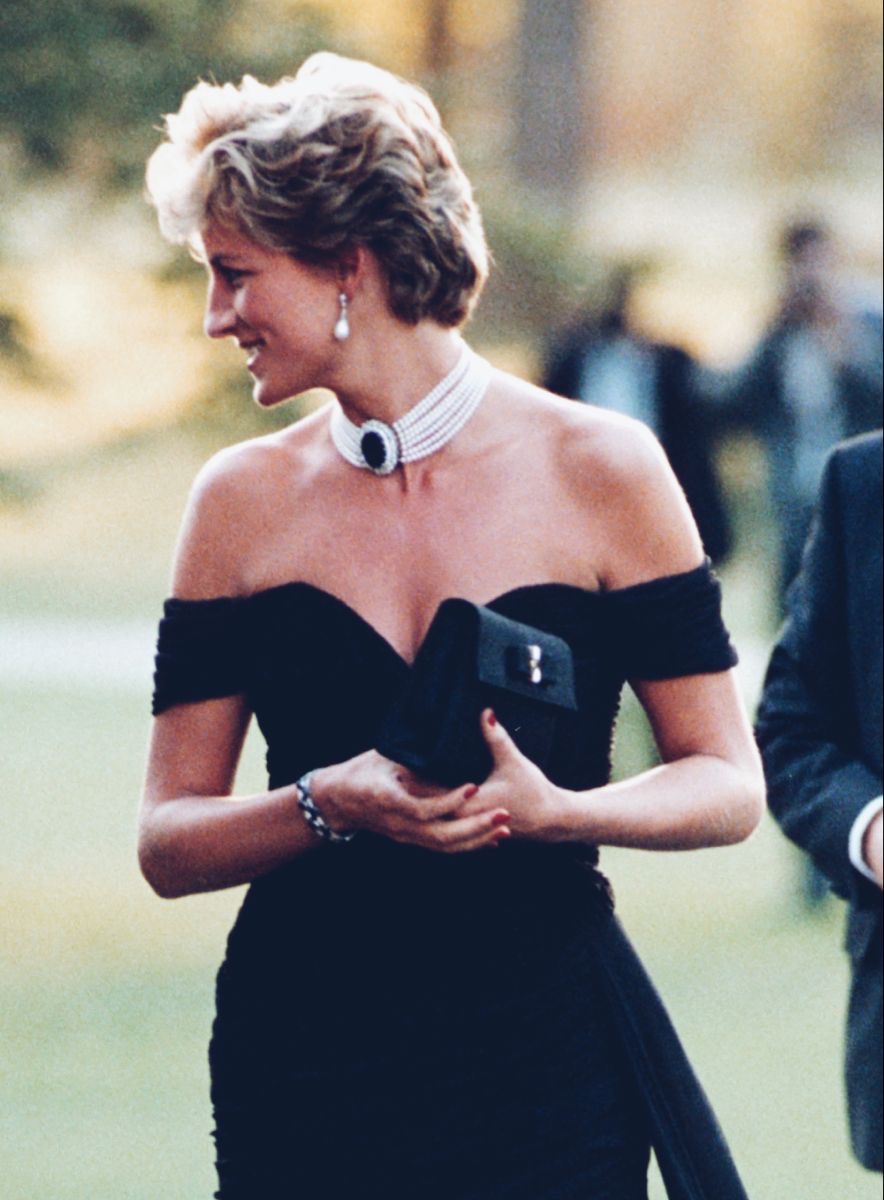 Princess Diana in the off-the-shoulder black dress with pearl choker