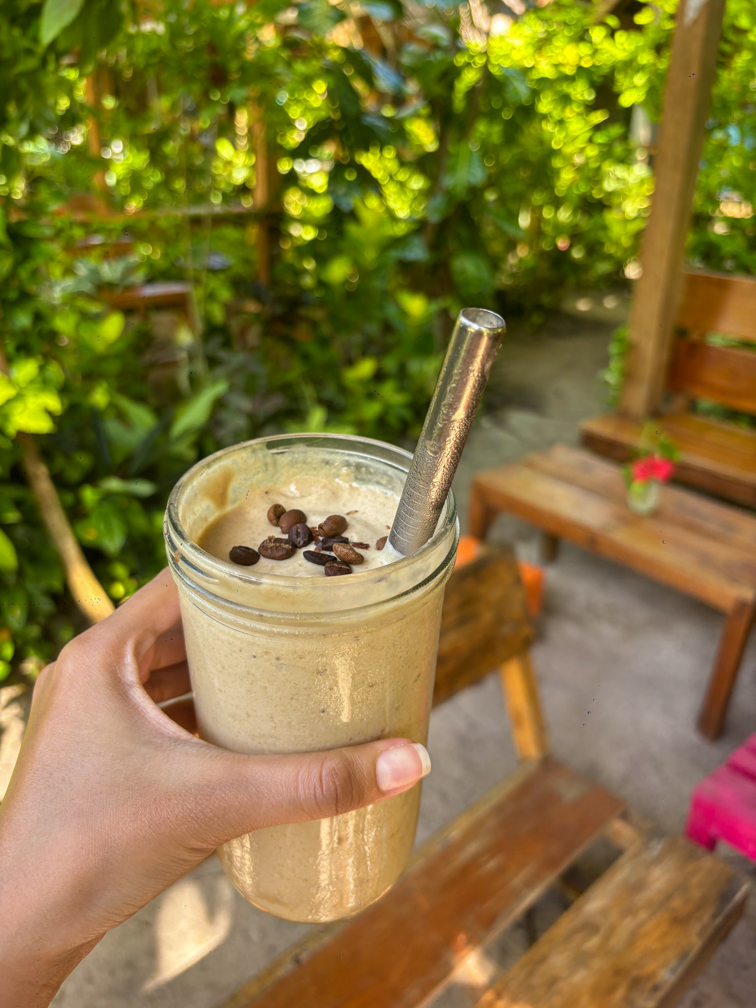 Cheeky Monkey shake in a glass jar with coffee beans on top