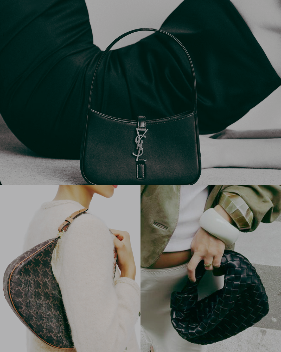Editorial of Saint Laurent, Celine, and Bottega Veneta small shoulder and hobo bags