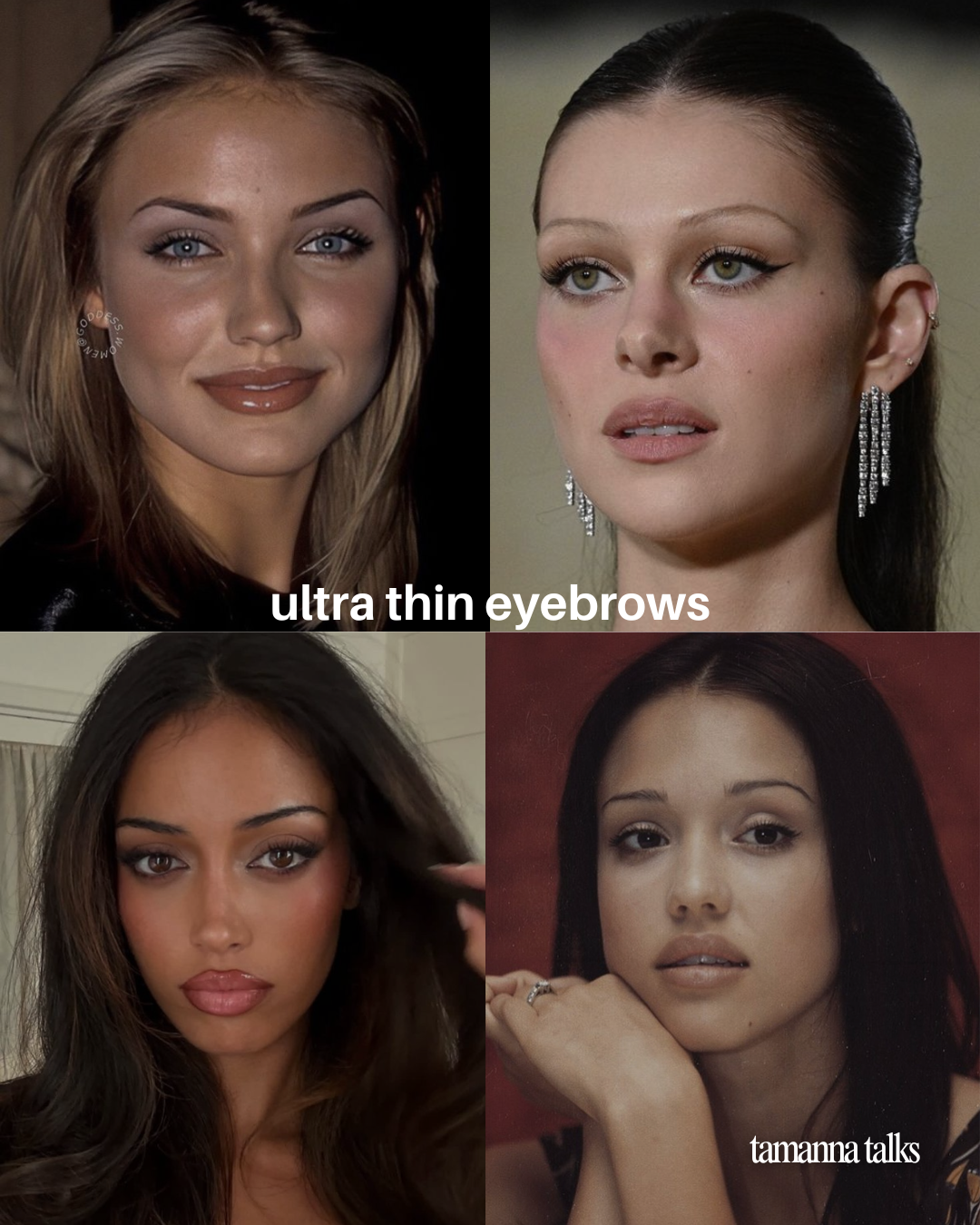 Collage comparing ultra-thin eyebrow looks from the 2000s and present day