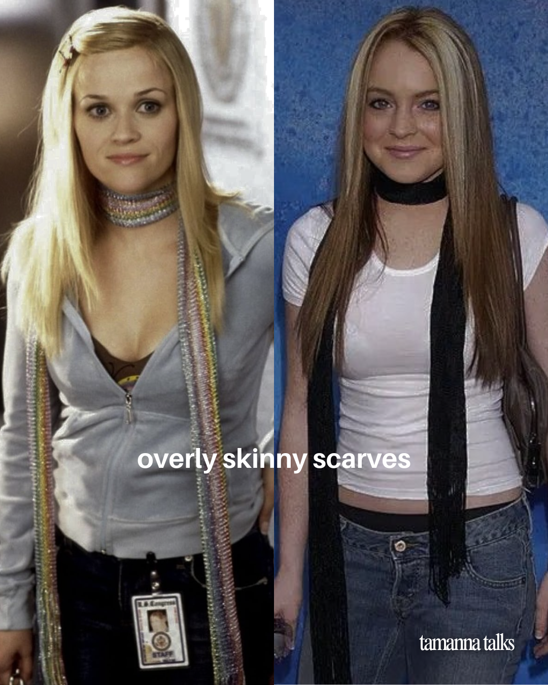 Two outfits featuring thin Y2K-style scarves